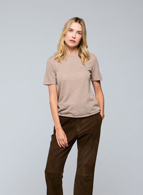 T-shirt Beige Col Rond Manches Courtes en Cachemire - MAJESTIC FILATURES