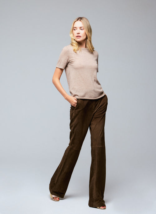 T-shirt Beige Col Rond Manches Courtes en Cachemire - MAJESTIC FILATURES