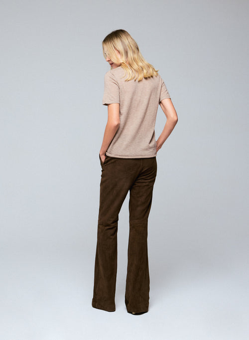 T-shirt Beige Col Rond Manches Courtes en Cachemire - MAJESTIC FILATURES