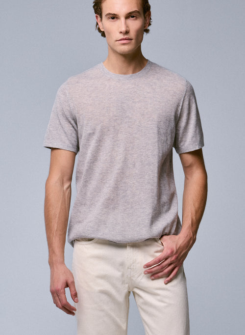 T-shirt Gris Col Rond Manches Courtes en Cachemire - MAJESTIC FILATURES