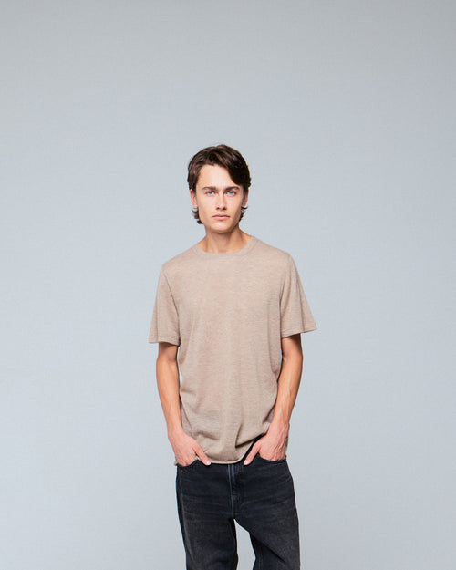 T-shirt Beige Col Rond Manches Courtes en Cachemire - MAJESTIC FILATURES