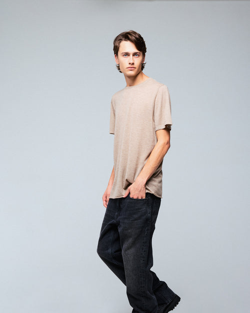 T-shirt Beige Col Rond Manches Courtes en Cachemire - MAJESTIC FILATURES