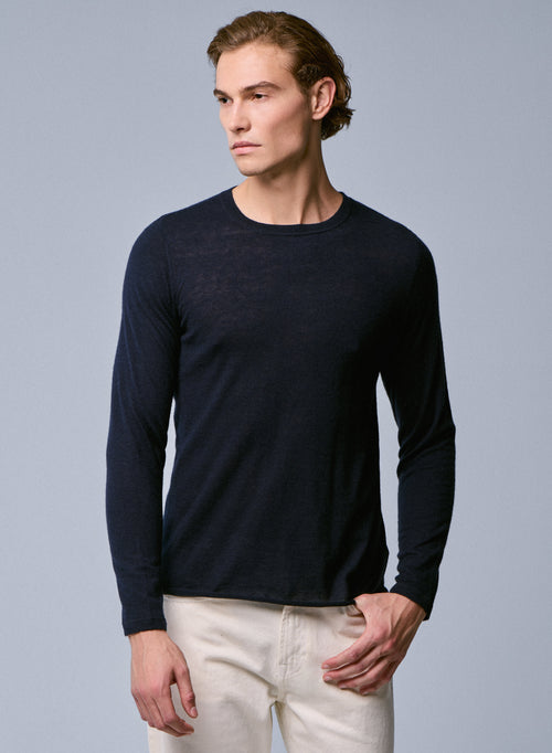 Marineblaues Kaschmir-T-Shirt mit Rundhalsausschnitt und kurzen Ärmeln - MAJESTIC FILATURES