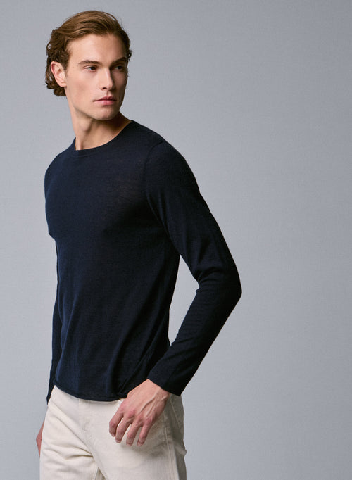Marineblaues Kaschmir-T-Shirt mit Rundhalsausschnitt und kurzen Ärmeln - MAJESTIC FILATURES