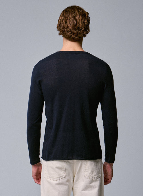 Marineblaues Kaschmir-T-Shirt mit Rundhalsausschnitt und kurzen Ärmeln - MAJESTIC FILATURES