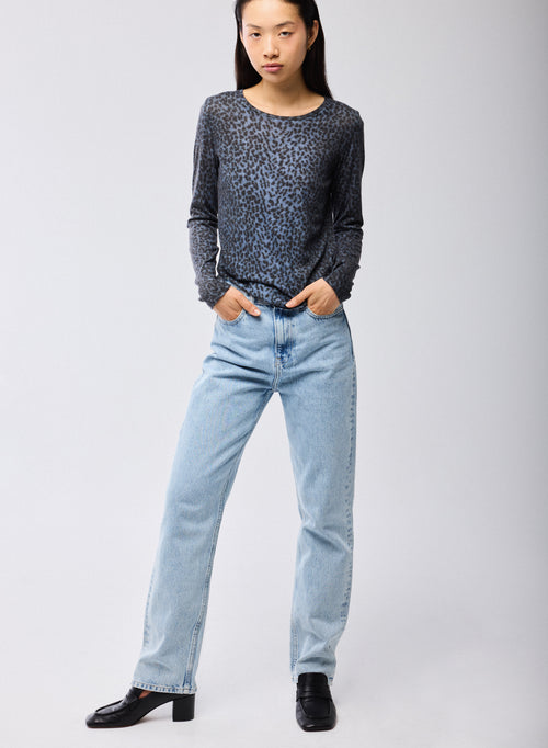 T-shirt Bleu Col Rond Manches Longues en Coton organique / Cachemire - MAJESTIC FILATURES