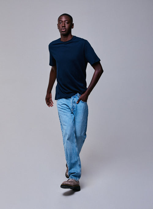 T-shirt Marine Col Rond Manches Courtes en Coton / Cachemire - MAJESTIC FILATURES