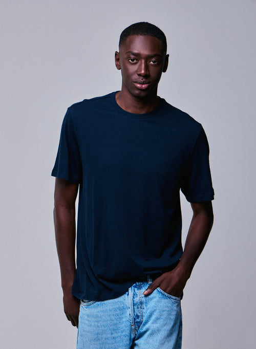 T-shirt Marine Col Rond Manches Courtes en Coton / Cachemire - MAJESTIC FILATURES