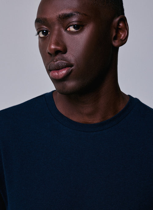 T-shirt Marine Col Rond Manches Courtes en Coton / Cachemire - MAJESTIC FILATURES