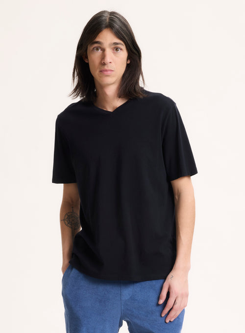 T-shirt Marine Paul Col V Manches Courtes en Coton - MAJESTIC FILATURES