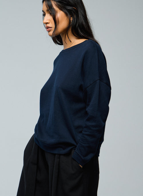 Blau / Grau Langarm-Sweatshirt mit Rundhalsausschnitt aus Bio-Baumwolle / Kaschmir - MAJESTIC FILATURES