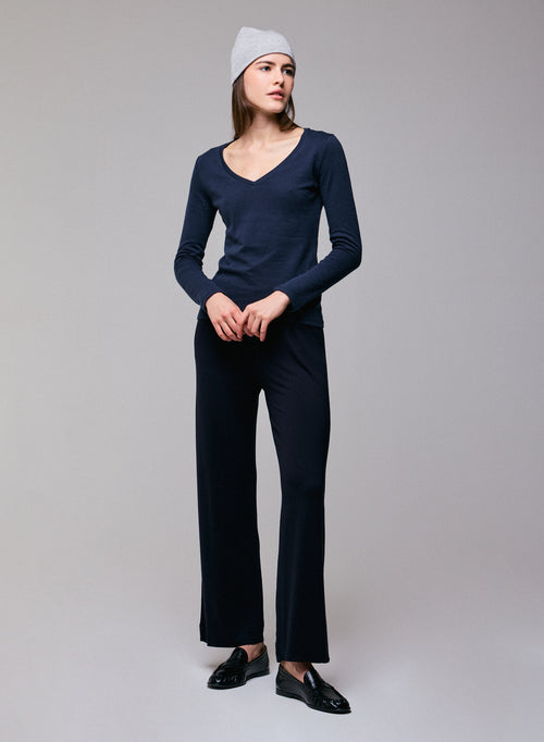 T-shirt Bleu / Gris Col V Manches Longues en Coton organique / Cachemire - MAJESTIC FILATURES