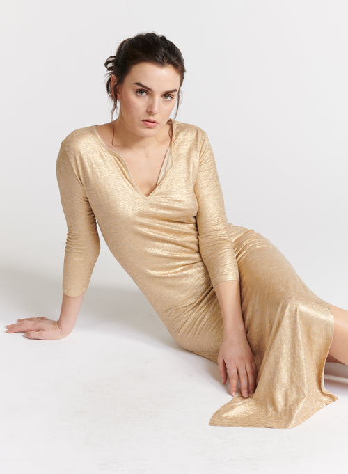 Robe Djelaba Doré Manches Longues en Lin / Elasthanne - MAJESTIC FILATURES