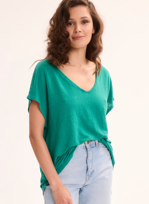 T-shirt Vert Col V Manches Courtes en Lin / Elasthanne - MAJESTIC FILATURES