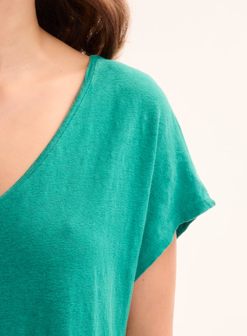 T-shirt Vert Col V Manches Courtes en Lin / Elasthanne - MAJESTIC FILATURES