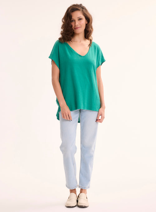 T-shirt Vert Col V Manches Courtes en Lin / Elasthanne - MAJESTIC FILATURES