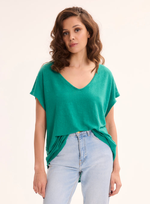 T-shirt Vert Col V Manches Courtes en Lin / Elasthanne - MAJESTIC FILATURES
