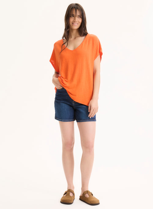 Orangefarbenes Kurzarm-T-Shirt aus Leinen / Elasthan mit V-Ausschnitt - MAJESTIC FILATURES