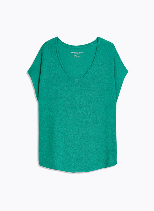 T-shirt Vert Col V Manches Courtes en Lin / Elasthanne - MAJESTIC FILATURES