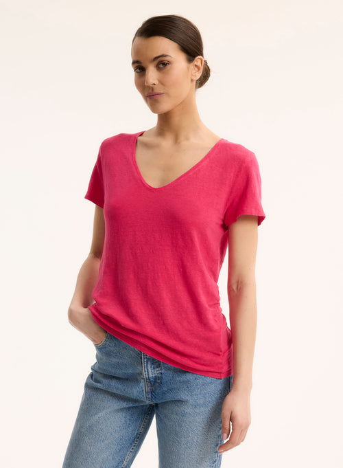 Tee shirt Rose Col V Manches Courtes en Lin / Elasthanne - MAJESTIC FILATURES
