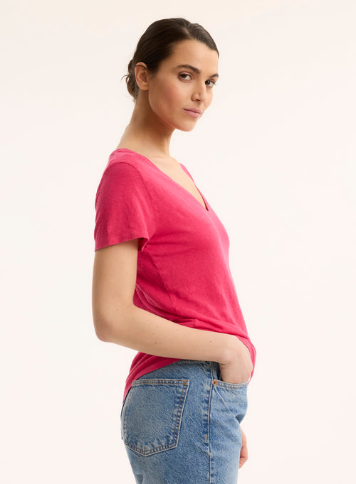 Tee shirt Rose Col V Manches Courtes en Lin / Elasthanne - MAJESTIC FILATURES