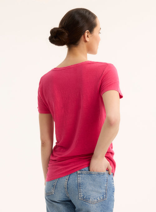 Tee shirt Rose Col V Manches Courtes en Lin / Elasthanne - MAJESTIC FILATURES