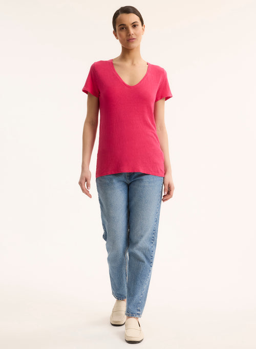 Tee shirt Rose Col V Manches Courtes en Lin / Elasthanne - MAJESTIC FILATURES