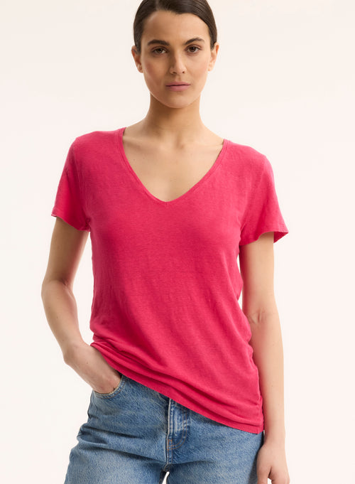 Tee shirt Rose Col V Manches Courtes en Lin / Elasthanne - MAJESTIC FILATURES