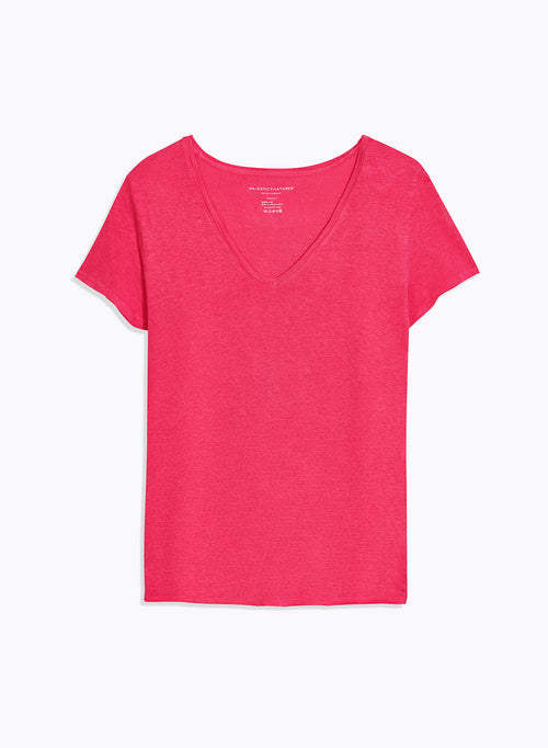 Tee shirt Rose Col V Manches Courtes en Lin / Elasthanne - MAJESTIC FILATURES