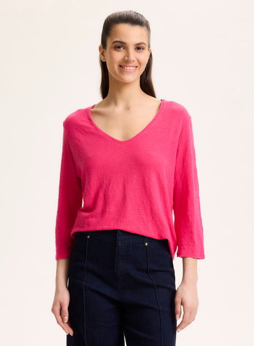 T-shirt Rose Col V Manches Trois quarts en Lin / Elasthanne - MAJESTIC FILATURES