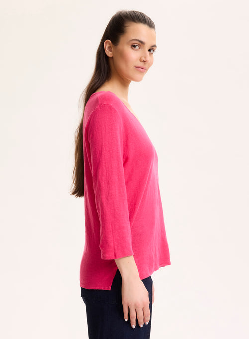T-shirt Rose Col V Manches Trois quarts en Lin / Elasthanne - MAJESTIC FILATURES