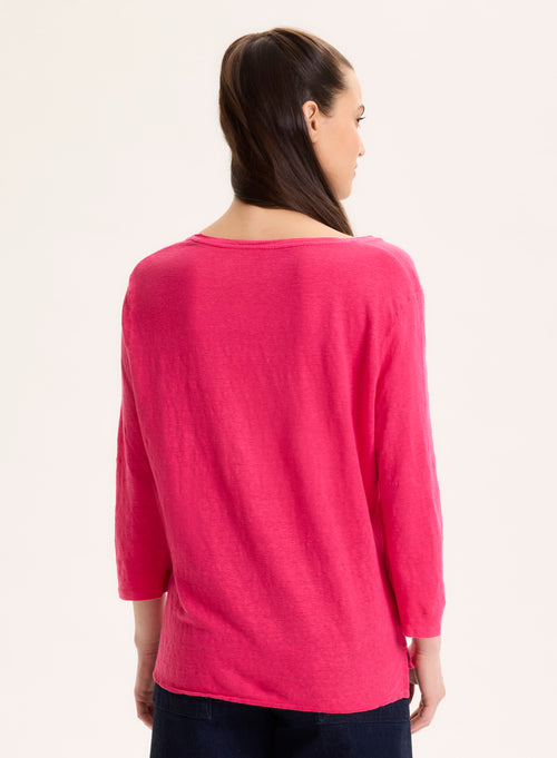 T-shirt Rose Col V Manches Trois quarts en Lin / Elasthanne - MAJESTIC FILATURES
