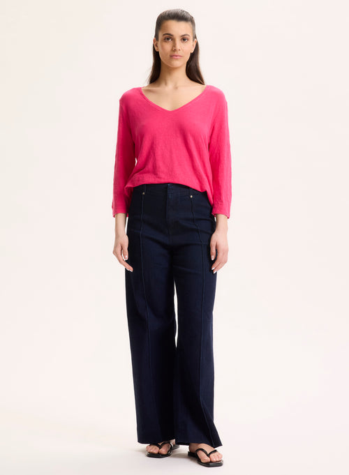 T-shirt Rose Col V Manches Trois quarts en Lin / Elasthanne - MAJESTIC FILATURES