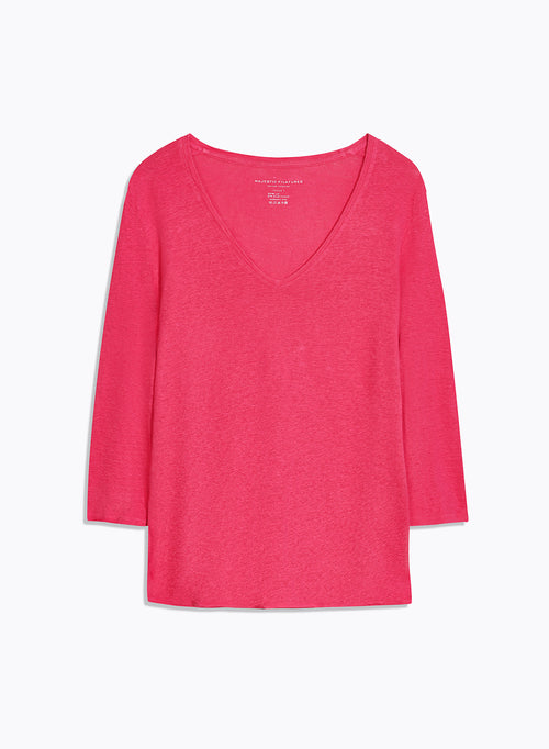 T-shirt Rose Col V Manches Trois quarts en Lin / Elasthanne - MAJESTIC FILATURES