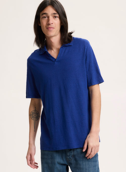 Tee shirt Bleu Col Polo Manches Courtes en Lin / Elasthanne - MAJESTIC FILATURES