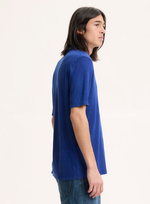 Tee shirt Bleu Col Polo Manches Courtes en Lin / Elasthanne - MAJESTIC FILATURES