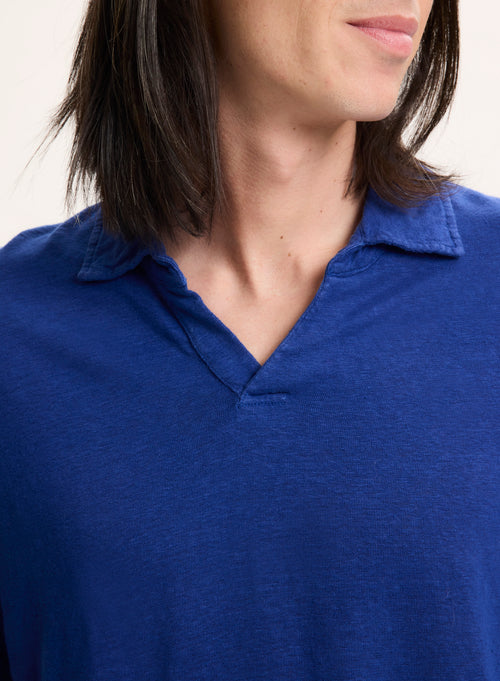 Tee shirt Bleu Col Polo Manches Courtes en Lin / Elasthanne - MAJESTIC FILATURES