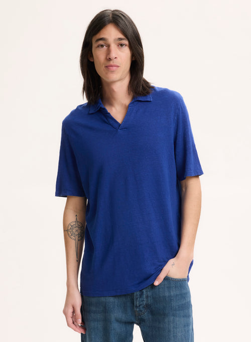 Tee shirt Bleu Col Polo Manches Courtes en Lin / Elasthanne - MAJESTIC FILATURES
