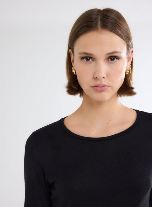 T-shirt Noir Col Rond Manches Longues en Coton et Cachemire - MAJESTIC FILATURES