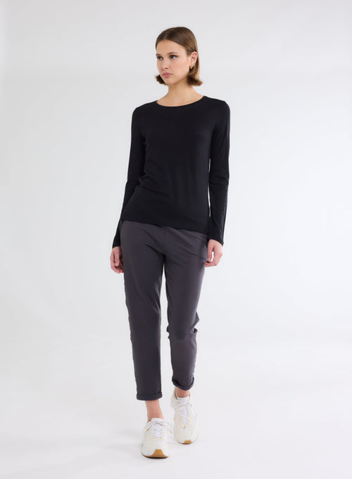 T-shirt Noir Col Rond Manches Longues en Coton et Cachemire - MAJESTIC FILATURES