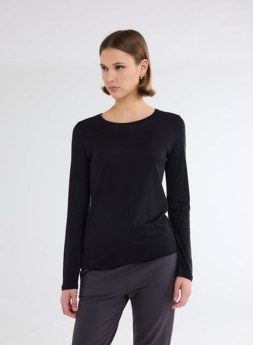 T-shirt Noir Col Rond Manches Longues en Coton et Cachemire - MAJESTIC FILATURES
