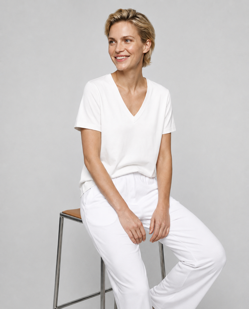 T-shirt Blanc Col V Manches Courtes en Coton organique / Soie - MAJESTIC FILATURES