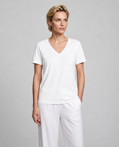 T-shirt Blanc Col V Manches Courtes en Coton organique / Soie - MAJESTIC FILATURES