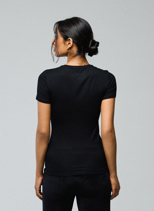 Schwarzes T-Shirt mit Rundhalsausschnitt und kurzen Ärmeln aus Viskose und Elastan - MAJESTIC FILATURES