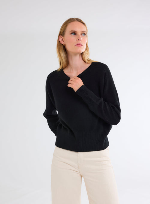 Pull Noir Col Rond Manches Longues en Cachemire - MAJESTIC FILATURES