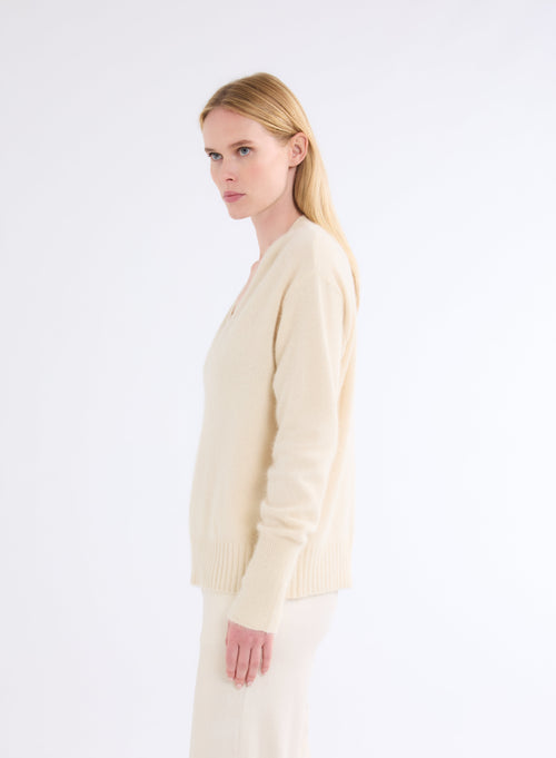 Pull Blanc Col V Manches Longues - MAJESTIC FILATURES