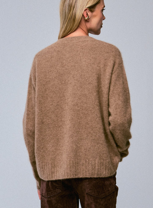 Beiger Pullover mit V-Ausschnitt und langen Ärmeln aus Raccoon-Wolle / Polyamid - MAJESTIC FILATURES