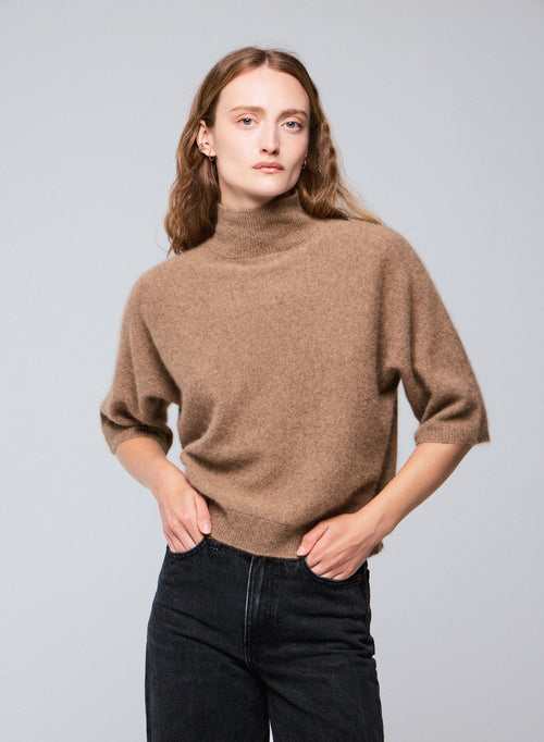 Pull Marron Col Roulé Manches Kimono en Raccon wool / Polyamide - MAJESTIC FILATURES
