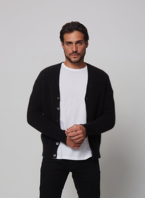 Gilet manches longues Noir Col V en Raccon wool / Polyamide - MAJESTIC FILATURES