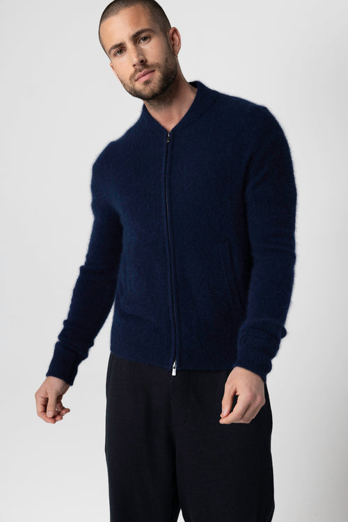 Gilet Marine Col Rond Manches Longues en Raccon wool / Polyamide - MAJESTIC FILATURES